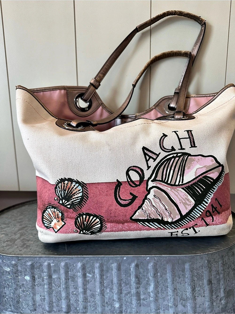 Coach Beach Seashell Canvas Tote in Pink & White